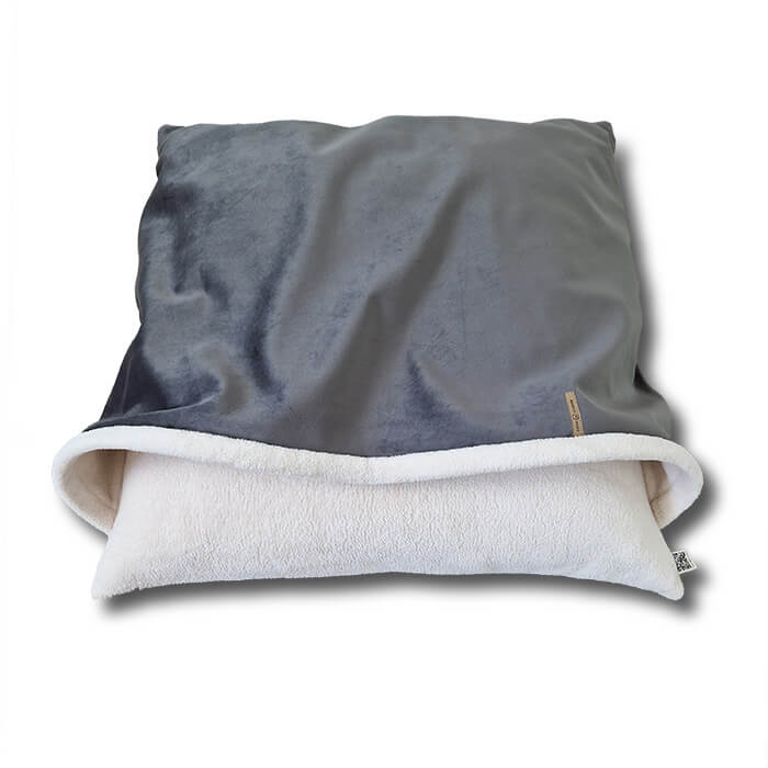 Large dog pillow bed - snuggle sack, Dark grey -cream