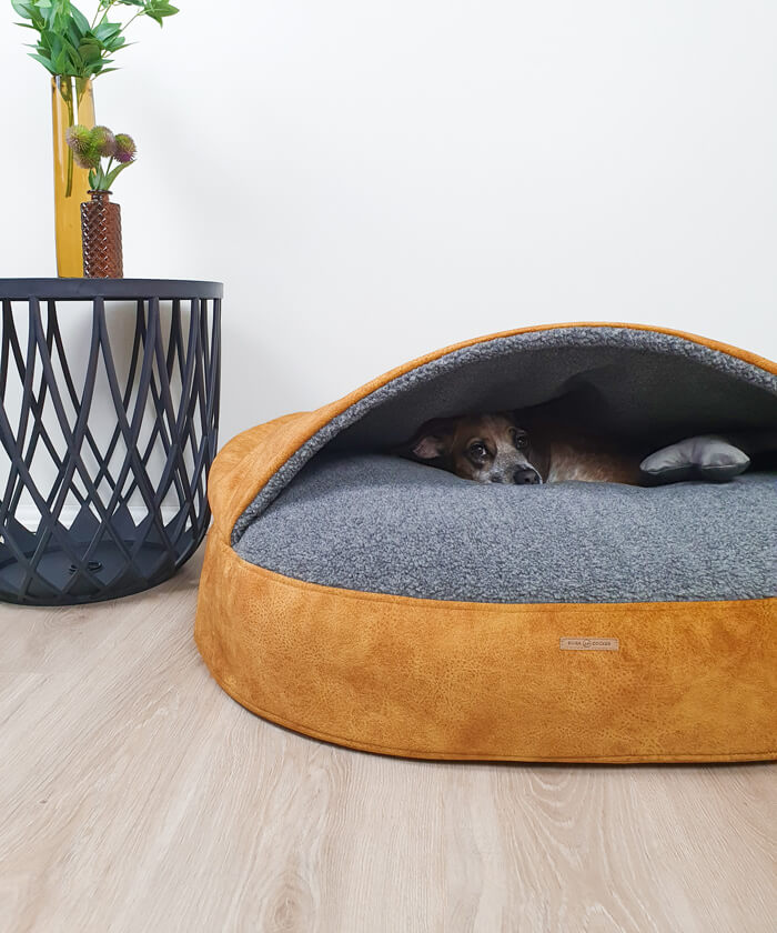 Luxury calming dog cave bed With Anti-allergic Merino Wool, Yellow